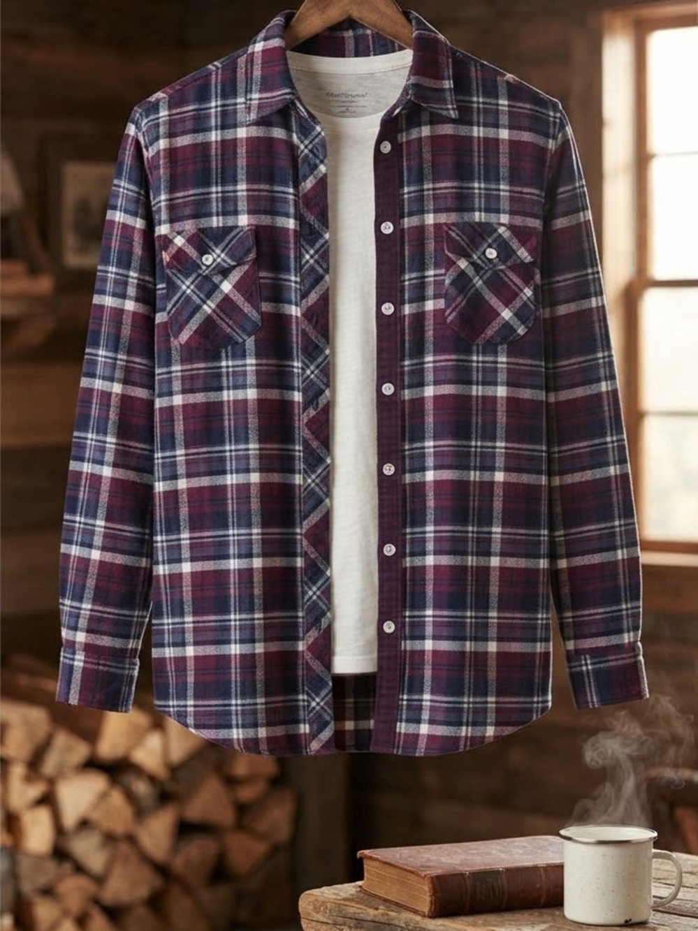 Weatherproof Men's Navy and Burgundy Plaid flannel button up Shirt Jacket